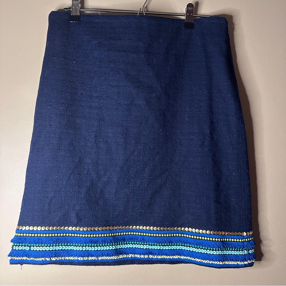 Talbots Navy Tweed, Cotton, Pencil Skirt with Sequins & Fringe, Fun Corporate